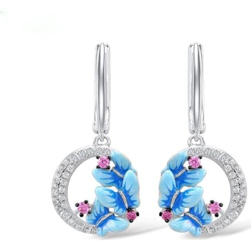 Exquisite Blue Butterfly Earrings Three Butterfly Enamel Painted Earrings Silver Ladies Ring Handmade Enamel Jewelry Gifts