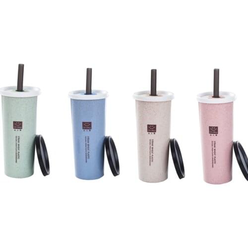 470ml Coffee Cups Wheat Straw Multi-Functional Plastic Healthy Drink Bottle Bouble Water Cup With Straw Cola