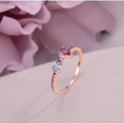 Natural Gemstone Rings For Women 925 Silver Simple Amethyst Topaz Water Drop Classic Adjustable Rose Gold Plated Ringen CCRI043