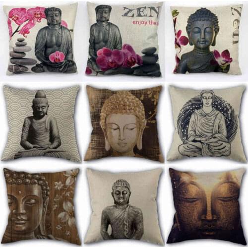 Linen Cotton Art Design Buddha Statue Pillow Cover Square Throw Pillow Cases 18"