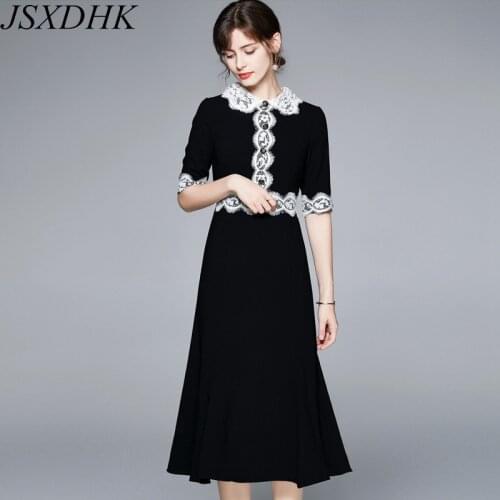 JSXDHK Fashion Runway Summer Peter Pan Collar Dress Women Short Sleeve Patchwork Lace Deco Button Ladies Office Black Midi Dress