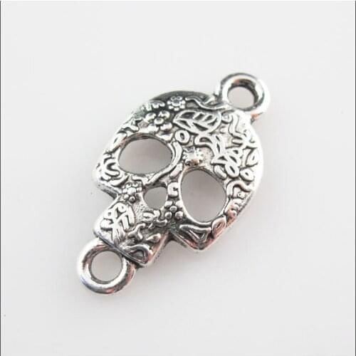 Fashion 10Pcs Tibetan Silver Color Halloween Skull Charms Connectors 15.5x29mm