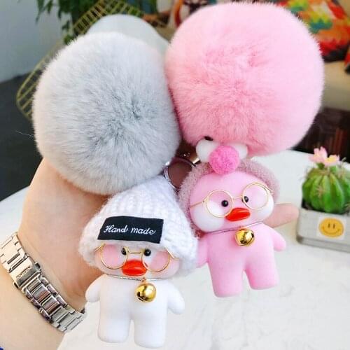 Cartoon Iallafafa Miniins DUDUDUCK Duck Animal Keychain Fur Ball Pompom Key Chains Key Ring Holder for Women Bag Pendant D200