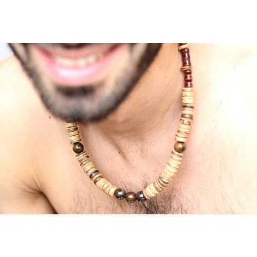 Mens necklace coconut beads brown gift for men short necklace beach tribal mala wood choker necklaces