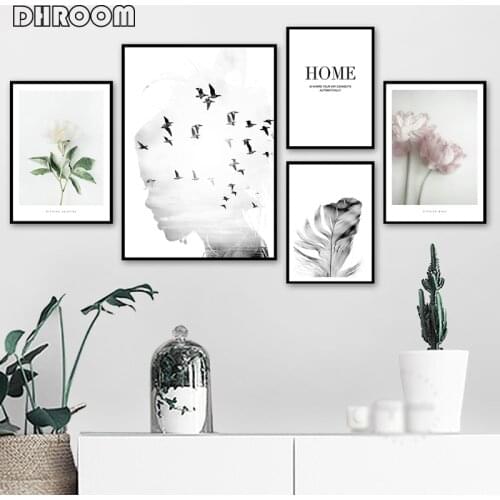 Girl Bird Feather Landscape Wall Art Flower Quotes Canvas Painting Nordic Posters and Prints Wall Pictures for Living Room Decor