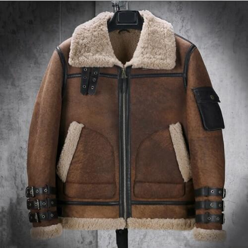 New Mens Sheepskin Shearling Jacket B3 Flight Jacket Short Fur Coat Winter Hunting Jacket Brown Leather Jacket