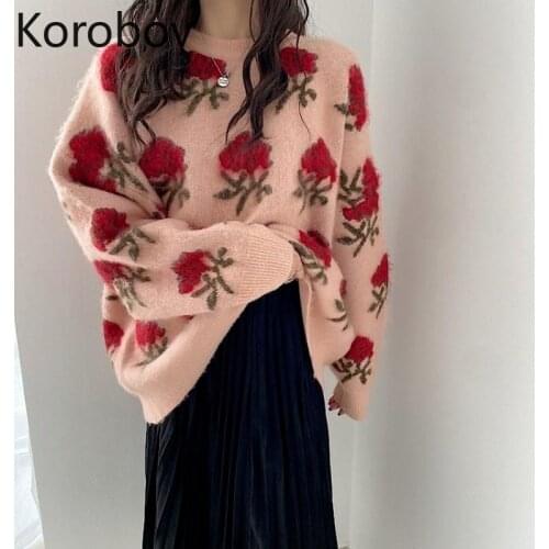 Korobov Autumn Winter New Japanese Sweet Sweaters Korean Rose Knit O Neck Long Sleeve Jumpers Vintage Elegant Chic Sueter Mujer