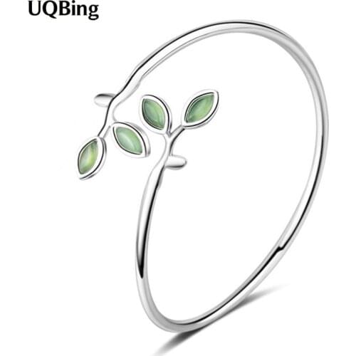 Fresh Elegant 925 Sterling Silver Green Leaves Open Adjustble Bangles Women Gifts Jewelry Wholesale