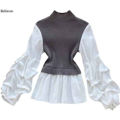 New Womens Knit Patchwork Fake Two-Piece Tops Slim Fit Lantern Sleeved Shirt Tide Turtleneck Pullovers Sweater Tops