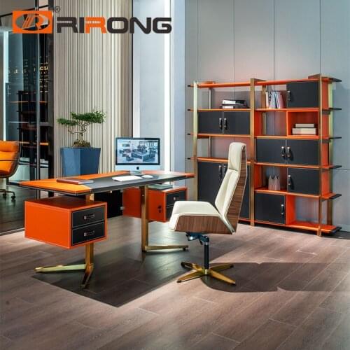 Office Desk Manager Standing Orange Black Leather Table With Drawer Luxury Modern Home Office Furniture