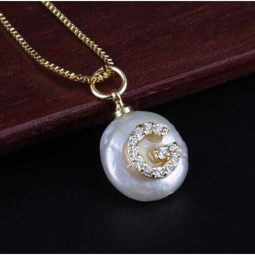 White CZ crystal initial 26 alphabet letter ABC name white coin freshwater pearl gold charm pendant choker necklace for women