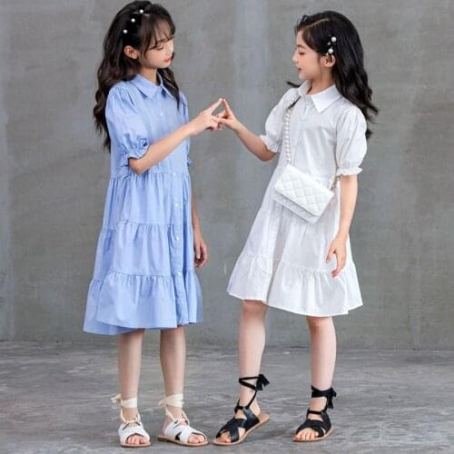 100% Cotton Shirts Dress Summer Preppy White Blue Kids Dresses For Girls 2021 New Baby Teen Children Girl Clothes Knee Length