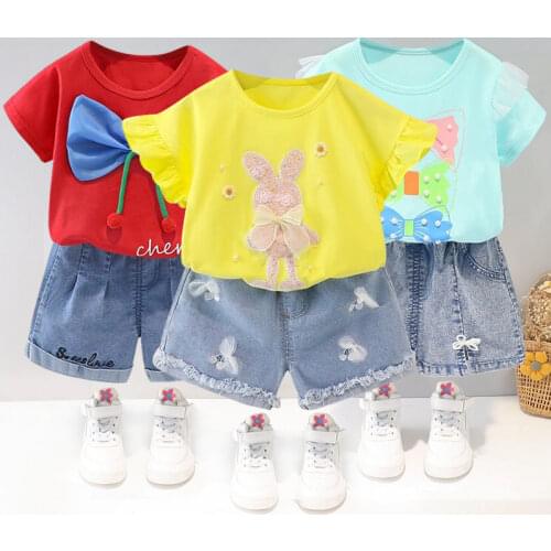 0-4 years old boys and girls cute cartoon pattern casual suit baby simple small flower loose short sleeve shorts two piece set