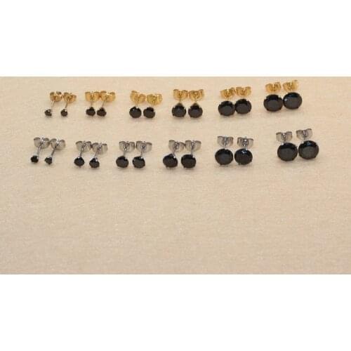 Size 3mm to 8mm 316L Stainless Steel Black Round Zircon Stud Earrings No Fade Allergy Free Brief Jewelry