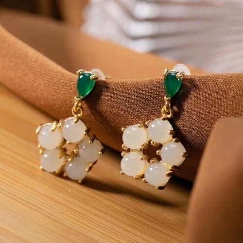 S925 Sterling Silver Gold Inlaid with Jade Natural Hetian Jade White Jade Ear Stud Earring Earrings Womens Vintage Plum Blossom