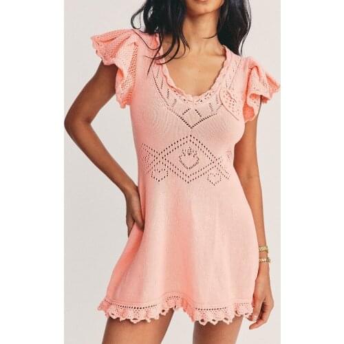 2021 Summer Autumn Knitting V-neck Short Sleeve Hollow Out Knitted A-line Mini Dress
