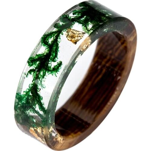 Vintage Wood and Resin Rings Green Moss Gold Flake Transparent Rings for Women Men Fashion Jewelry Bague Femme Best Gifts