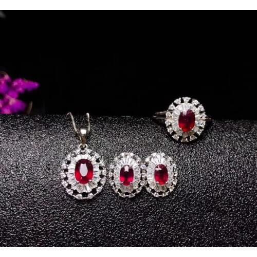 Natural red ruby jewelry sets natural gemstone ring earring Pendant S925 silver Fashion Round Wedding dress Women wedding gift