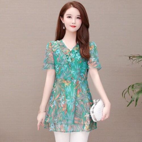 Women Spring Summer Style Chiffon Blouses Shirts Lady Short Sleeve V-Neck Mesh Chiffon Blusas Tops ZZ0571