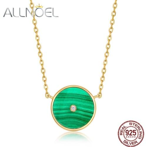 ALLNOEL Solid 925 Sterling Silver Necklace For Women Natural Malachite 5A White Zircon Gold Plated Engagement Fine Jewelry New