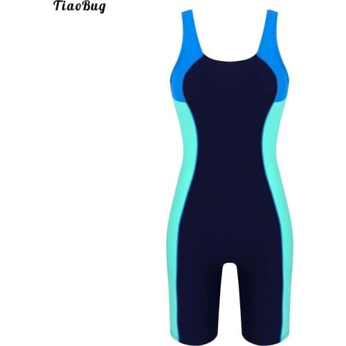 TiaoBug Summer Women One-Piece Swimwear U Neck Sleeveless Removable Pads Patchwork Short Jumpsuit For Beach Pool Bathing