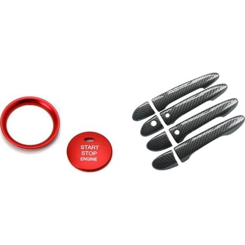 2 Pcs Keyless Engine Push Start Button & 8 Pcs Carbon Fiber Style Door Handle Cover Trim