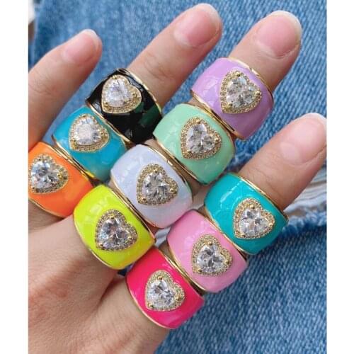 5Pcs/Lot Fabulous Enamel Brass Gold Plated Rings Colorful Women Enamel Jewelry Cute Heart Rings