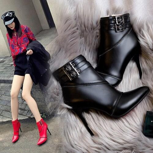 Fashion Buckle Ankle Boots For Women 2020 Spring Autumn High Heels Motorcycle Boots Red Party Shoes Ladies Zipper Сапоги женские