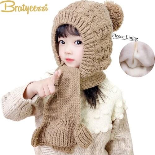 2021 Kids Winter Hat Scarf One Piece Pompom Baby Bonnet Infant Beanie Hats for Girls Boys Snow Warm Knit Children Cap 1-7Y