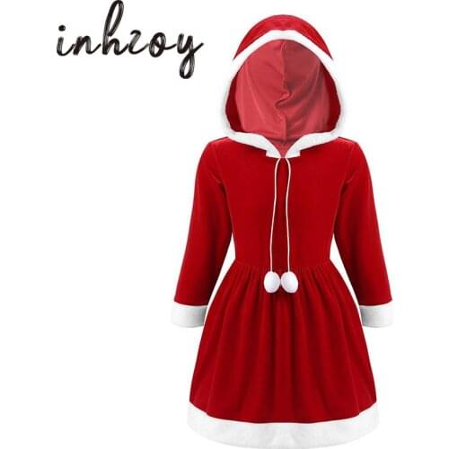 Kids Autumn Winter Red Soft Velvet Hooded Christmas Dress Children Girls Santa Claus Fancy Cosplay New Year Party Xmas Costume