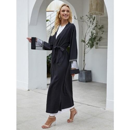 Donsignet Muslim Womans Dress Muslim Fashion Cardigan Mesh Diamonds Muslim Cardigan Robe Middle East Arab Dubai Long Dress