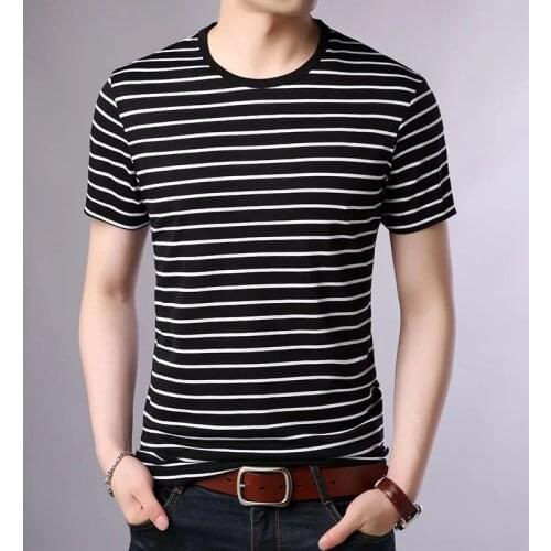 Cotton Short Sleeve t shirt Men Casual Male O Neck Striped Tshirt Tee Shirt Homme