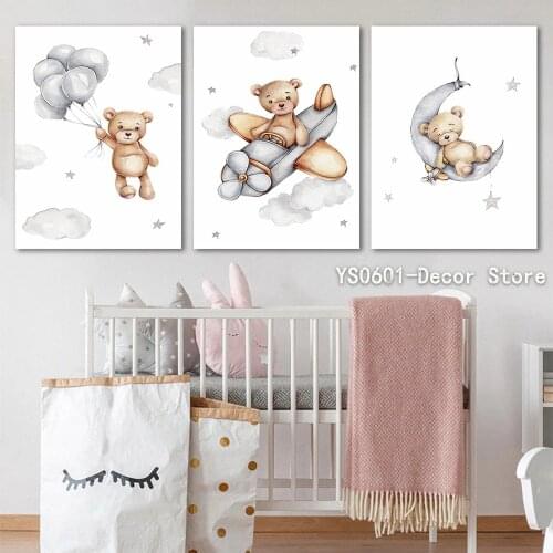 Cartoon Bear Moon Balloon Animal Wall Art Canvas Painting Posters and Prints Pictures Home Baby Room Decor (No Frame)