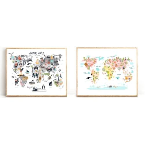 Animal World Map Nursery Wall Art Canvas Painting Scandinavian Posters and Prints Cute Cartoon Animals Pictures Kids Room Decor