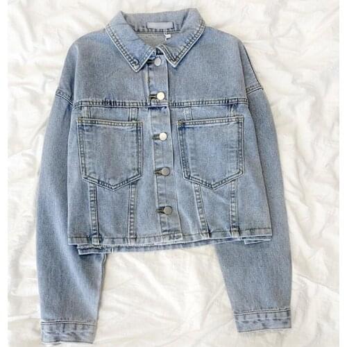 Light blue Women Fashion Denim Jacket Coat Autumn Vintage Long Sleeve single breasted Loose Short Jean Jackets Female Chic Tops