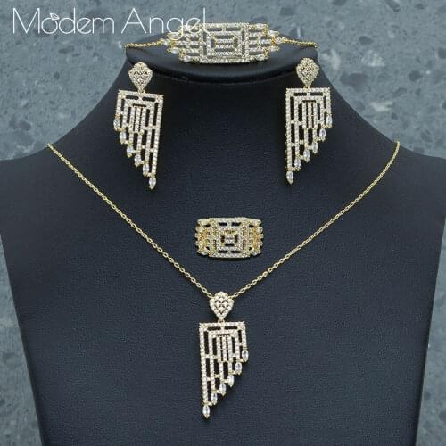 ModemAngel Luxury Geometry Design Necklace Bracelet Earring Ring Jewelry Sets For Women Wedding Indian Dubai Bridal Jewelry Set