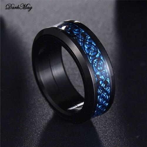 DarkMag Man Ring Blue Carbon Fiber Black Dragon Inlay Comfort Fit Stainless steel Rings for Men Wedding Band Ring