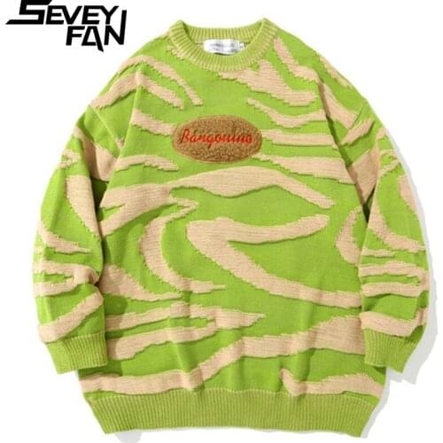 SEVEYFAN Mens Fashion Towel Embroidery Zebra Pattern Sweater BF Loose O Neck Knitwear New Pullover Sweaters for Couples