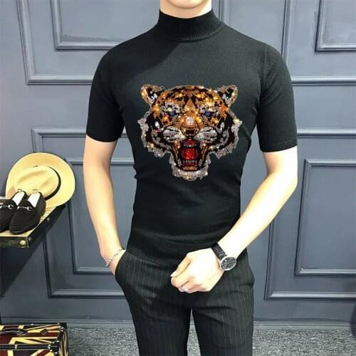 Men Sweater Tees Retro Hot Diamond Self-Cultivation Spring Solid Color Skull Heavy Craft Short Sleeve Kniweat Casual Street Knit