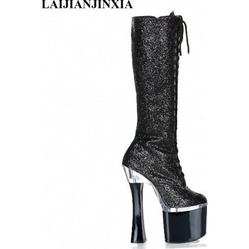 New fashion knight female platform ladies high heel knee high boots woman winter shoes glitter pu boots clubbing high heels