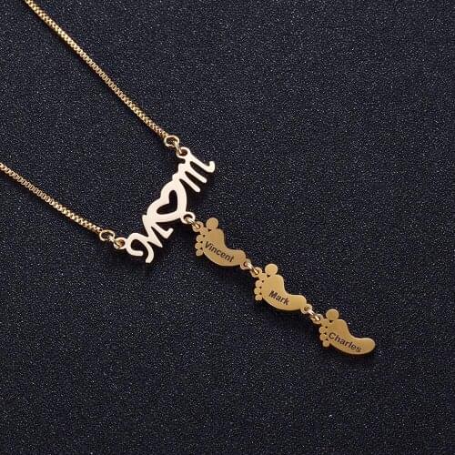 Custom Name MOM Letter Foot Shape Necklace With Crystal Personalized Gold Silver Color Baby Feet Pendant Nameplate Birthday Gift