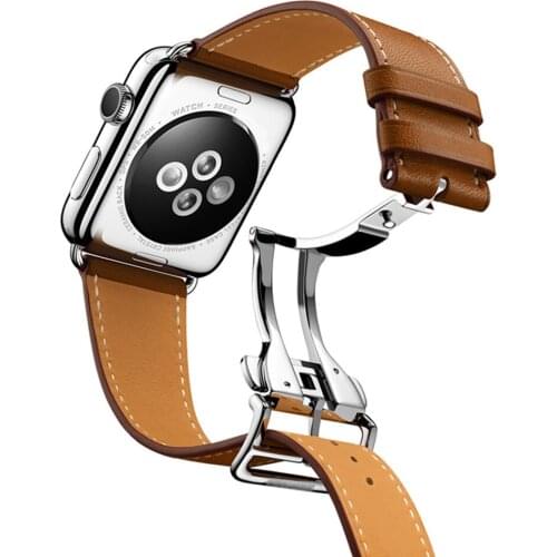 Leather Band for Apple Watch 4 3 2 1 Deployment Buckle Clasp Bracelet for Iwatch 40mm 42mm 38mm 44mm Single Tour Belt Strap