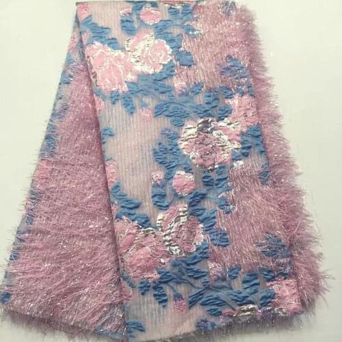 Pink Embossed Fower Embroidered Mesh Fabrics 2020 High Quality African Tassel Net Lace Mesh Tulle Wedding Prom Dress Fabrics