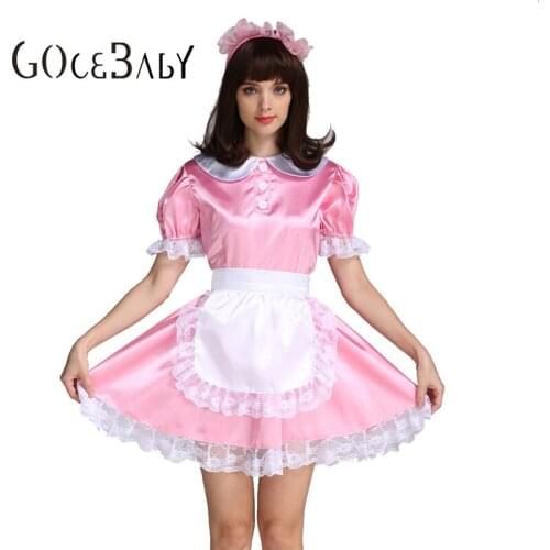 Sissy Girl Maid Satin Pink Lockable Dress Costume Uniform Forced Fem Crossdressing Cosplay Costume