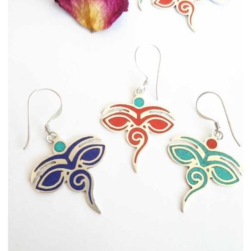 Tibetan Buddha Eye Amulet Earrings Nepal Hand Jewelry Copper Inlaid Stone Multi Colors E124