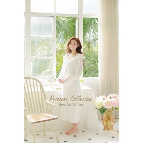 Free Shipping 2016 New Sping and Summer Princess Long Pijamas 100% Cotton Nightgown Womens V-neck Nightshirt Ladies pijamas