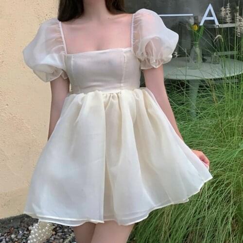 Woman Sweet Pink Fairy Dress 2021 Summer Vintage Elegant Square Collar Puff Sleeve Ball Gown Robe Korean Mini Princess Vestidos