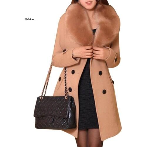 Women Coats Wool Blends Plus Size Sashes Faux Fur Collar Double Breasted Office Ladies Vintage Overcoat Winter Coat