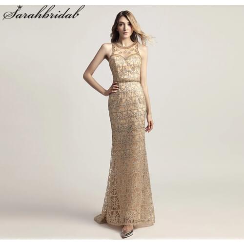 Luxury Mermaid Evening Dresses Long Sweep Train Bead Crystal Gold Women Formal Party Gown Cheap Sleeveless Robe De Soiree LX436