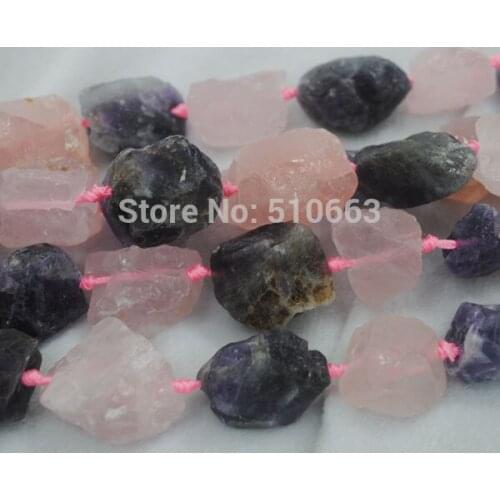15.5" Length/1 string, Nature Rough Roseet Quartz + Amethystt Stone,Luxury Necklace,Charming Ornament Gift,Size: 30-40mm